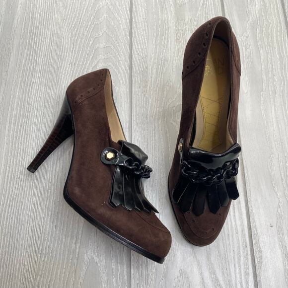 Joan & David Women's Kiltie Black & Brown Leather Suede Tassel High Heels Sz 7.5 - Picture 1 of 11
